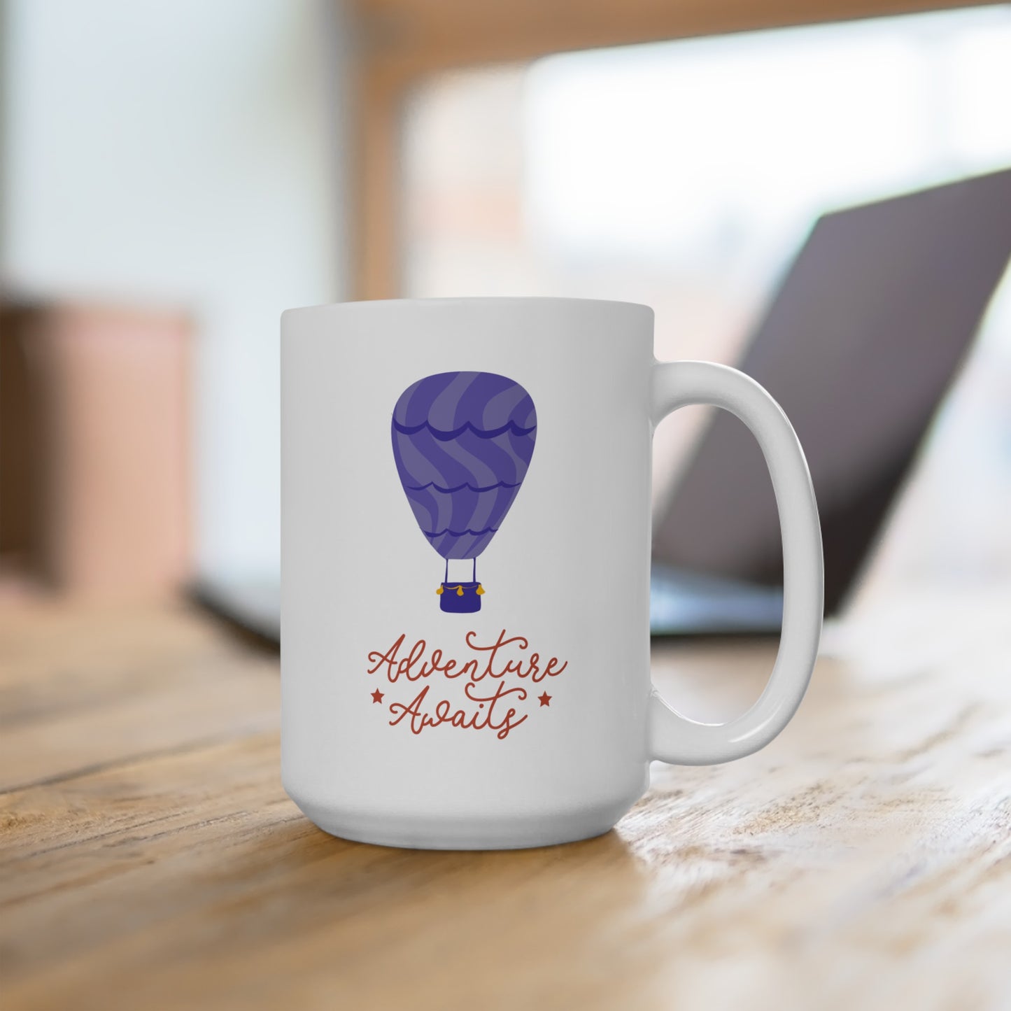Adventure Awaits (purple hot air balloon) - Ceramic Mug 15oz